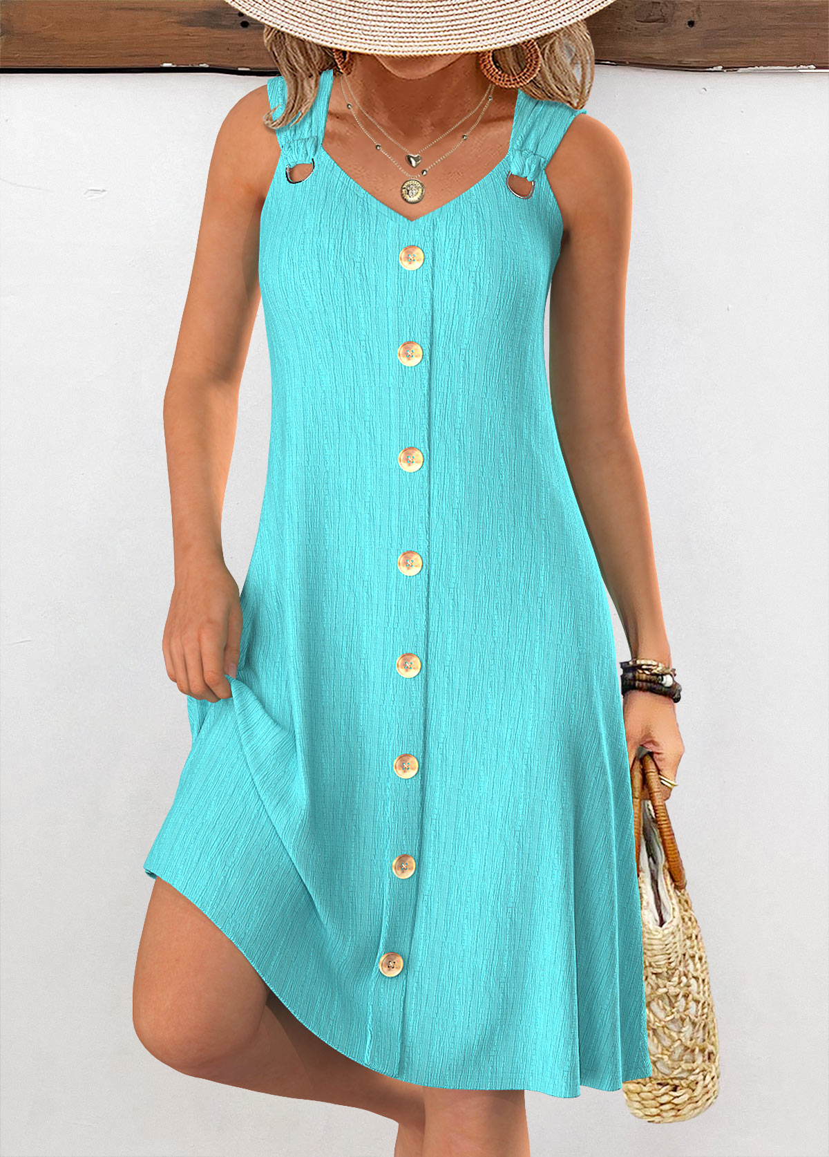 Turquoise Tummy Coverage Sleeveless V Neck Dress | picture 
