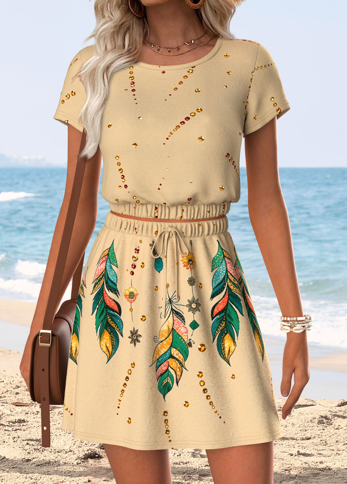 Light Camel Shirred Feathers Print Short Top and Skirt | picture 