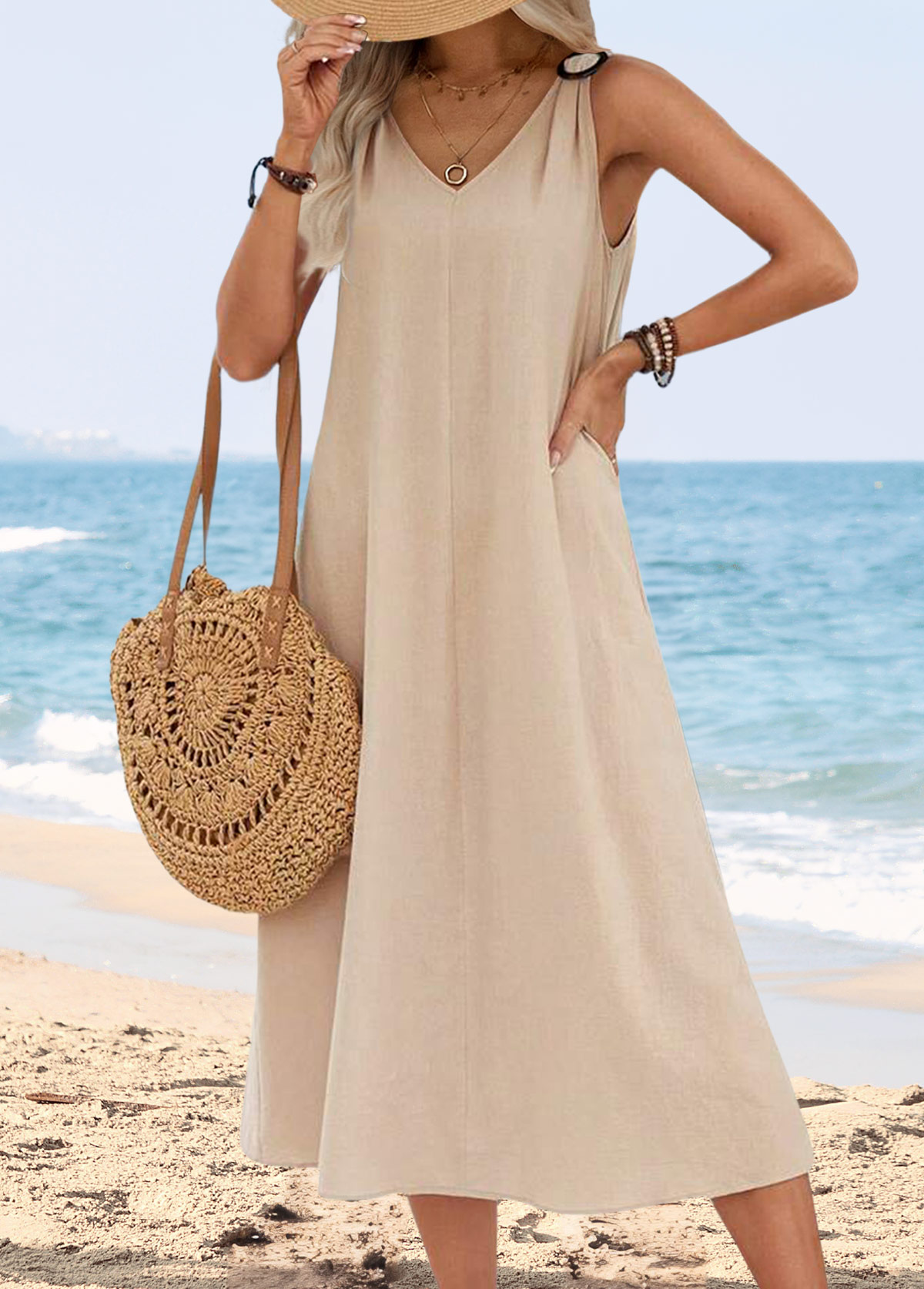 Light Camel Tummy Coverage Sleeveless V Neck Dress | picture 