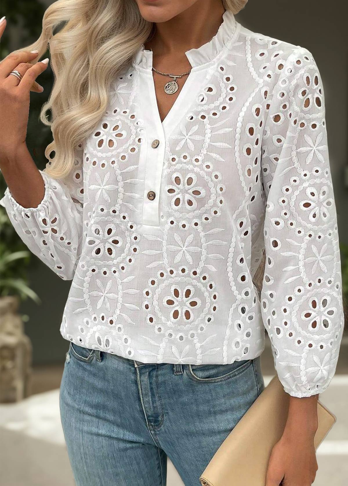 White Tummy Coverage Bracelet Sleeve Split Neck Blouse | picture 