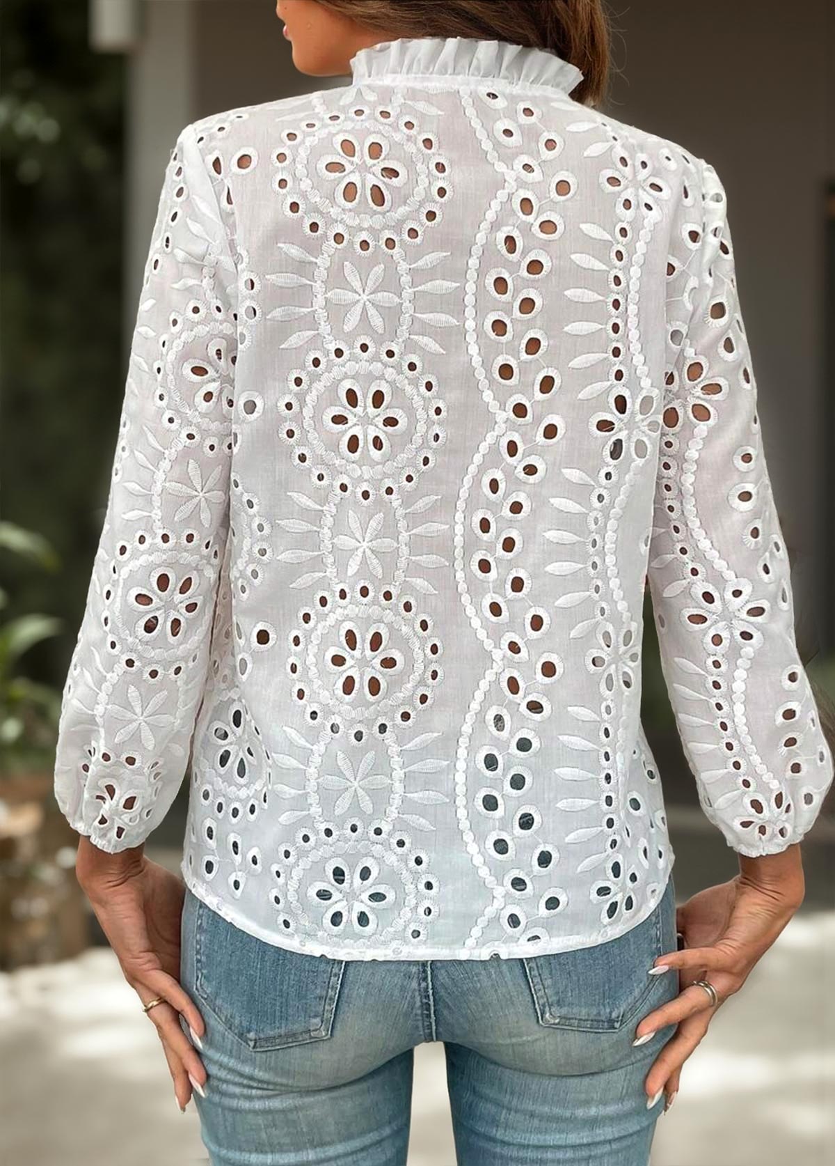 White Tummy Coverage Bracelet Sleeve Split Neck Blouse | picture 