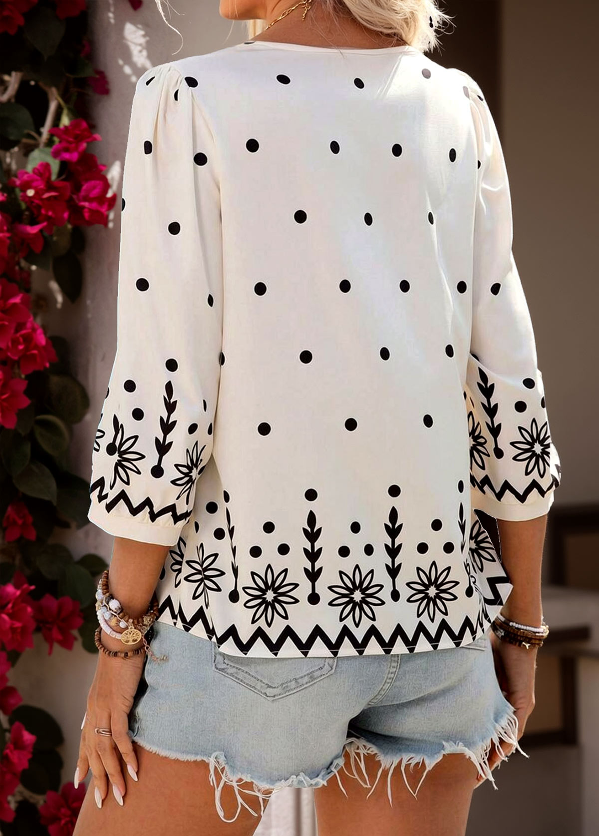 Beige Tummy Coverage Tribal Print 3/4 Sleeve Blouse | picture 