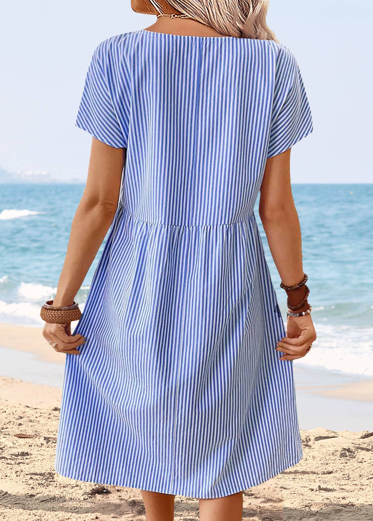 Blue Tummy Coverage Striped Short Sleeve Round Neck Dress | picture 