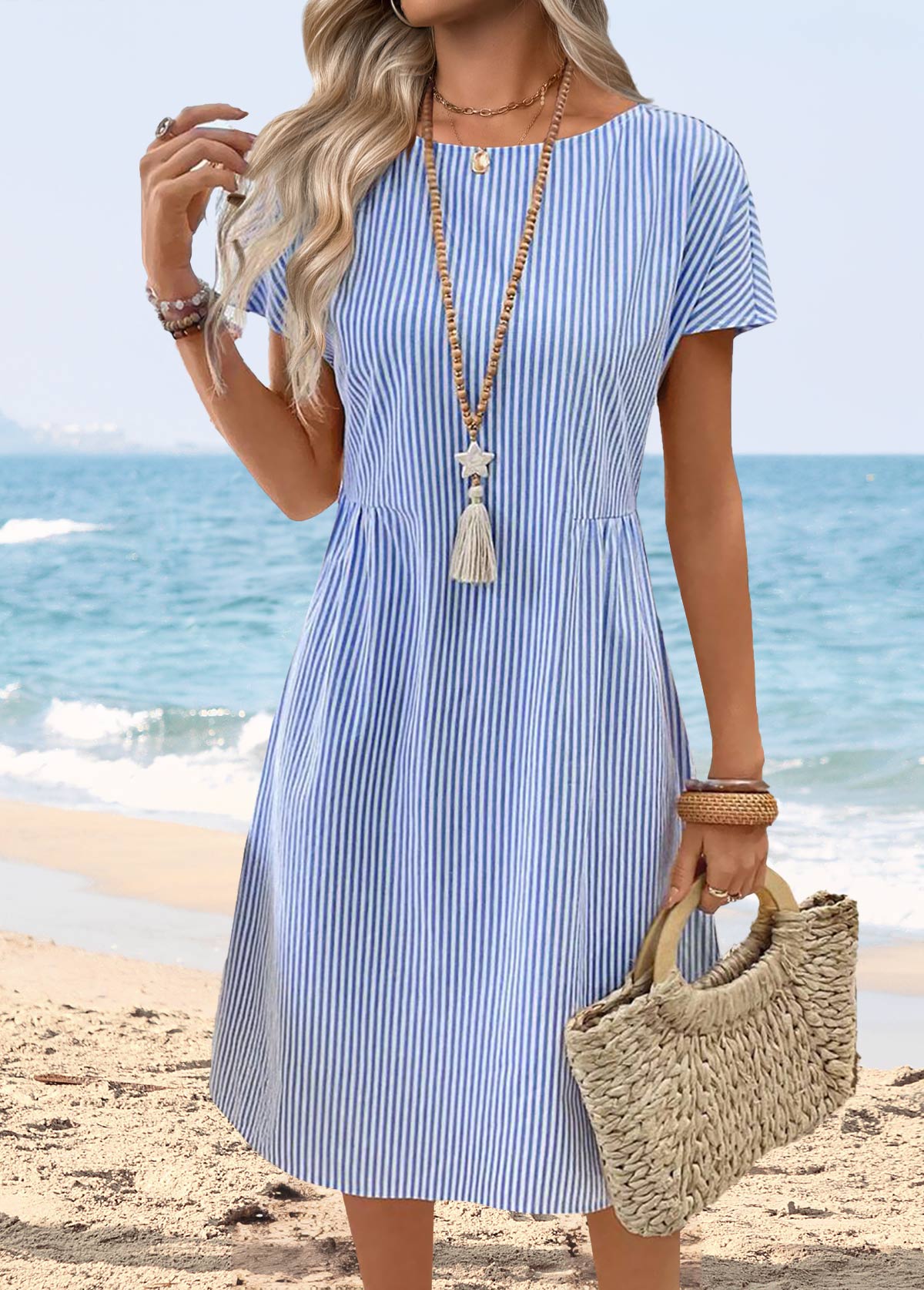 Blue Tummy Coverage Striped Short Sleeve Round Neck Dress | picture 