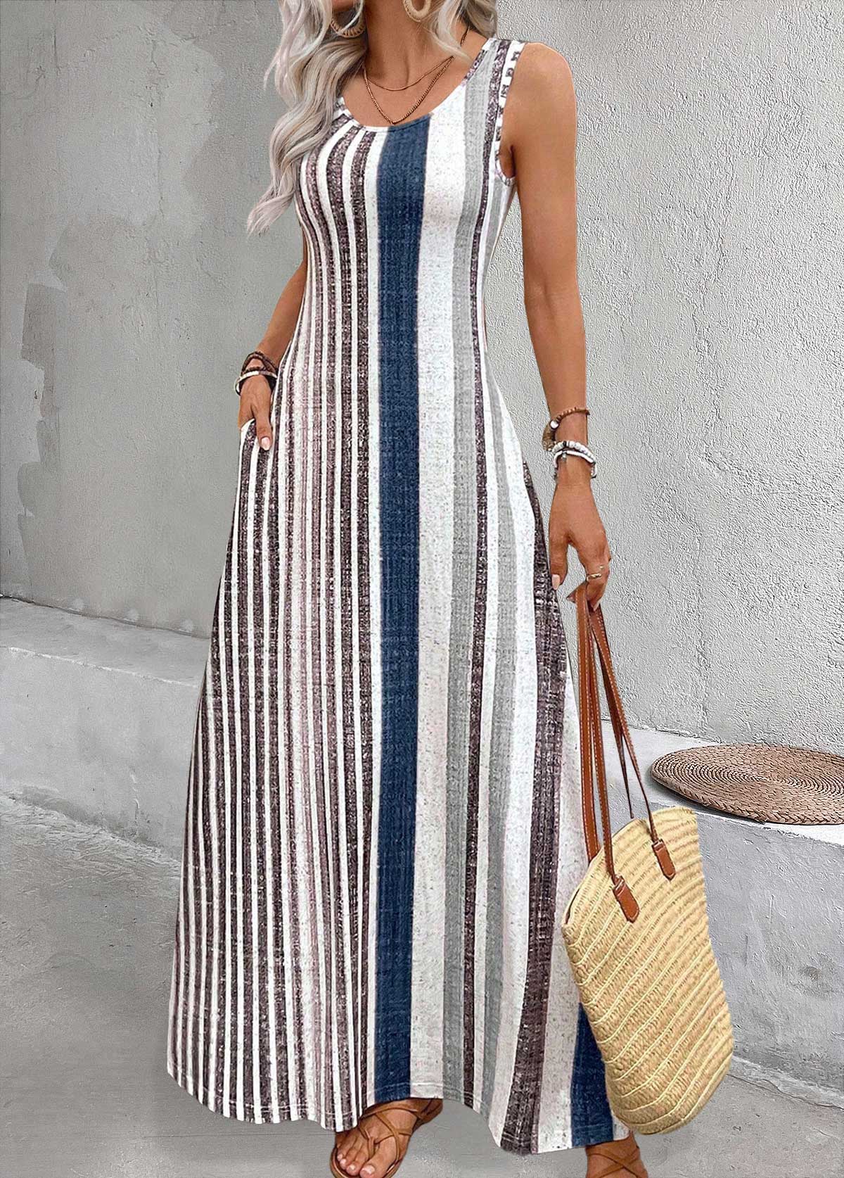 Multi Color Tummy Coverage Striped Maxi Sleeveless Dress | picture 