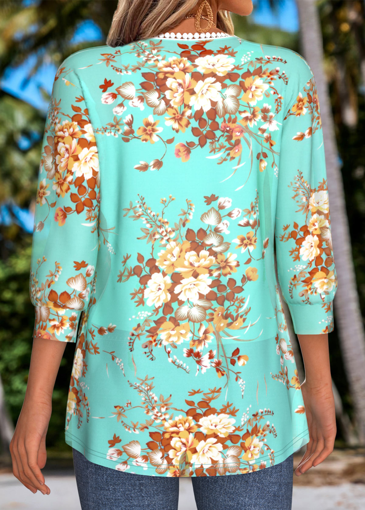 Cyan Tummy Coverage Floral Print 3/4 Sleeve Topper | picture 