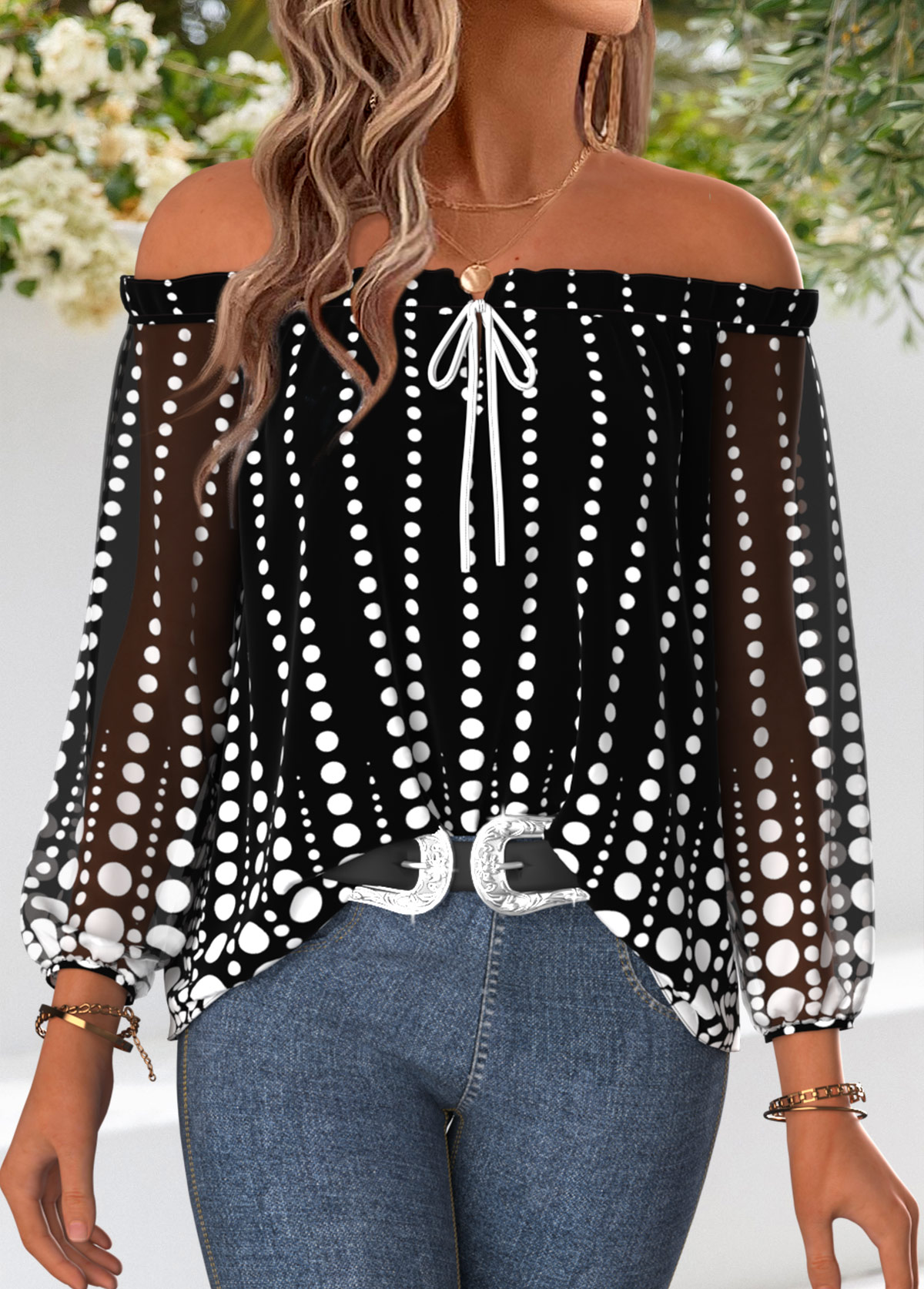 Black Frill Polka Dot Long Sleeve Off Shoulder Blouse | picture 