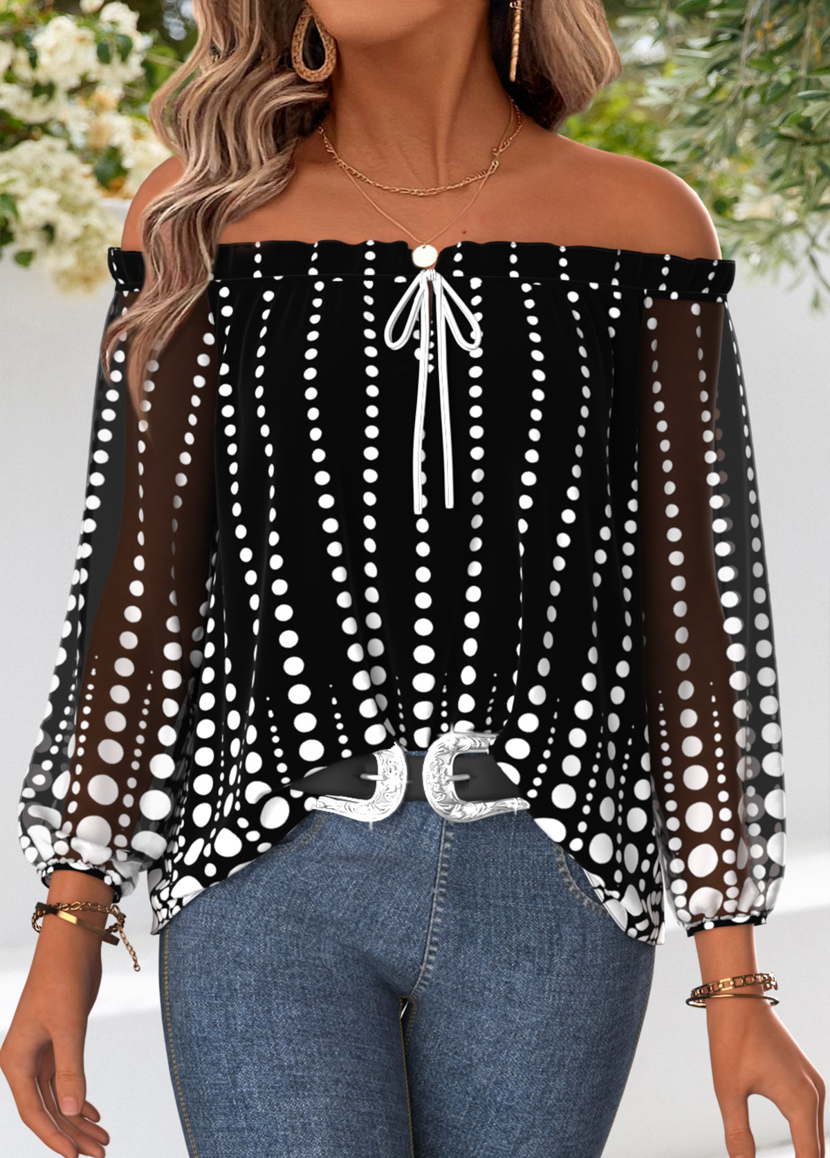 Black Frill Polka Dot Long Sleeve Off Shoulder Blouse | picture 
