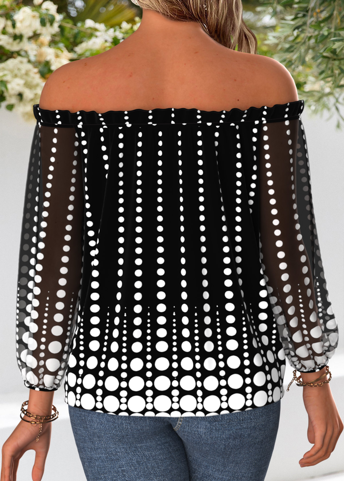 Black Frill Polka Dot Long Sleeve Off Shoulder Blouse | picture 