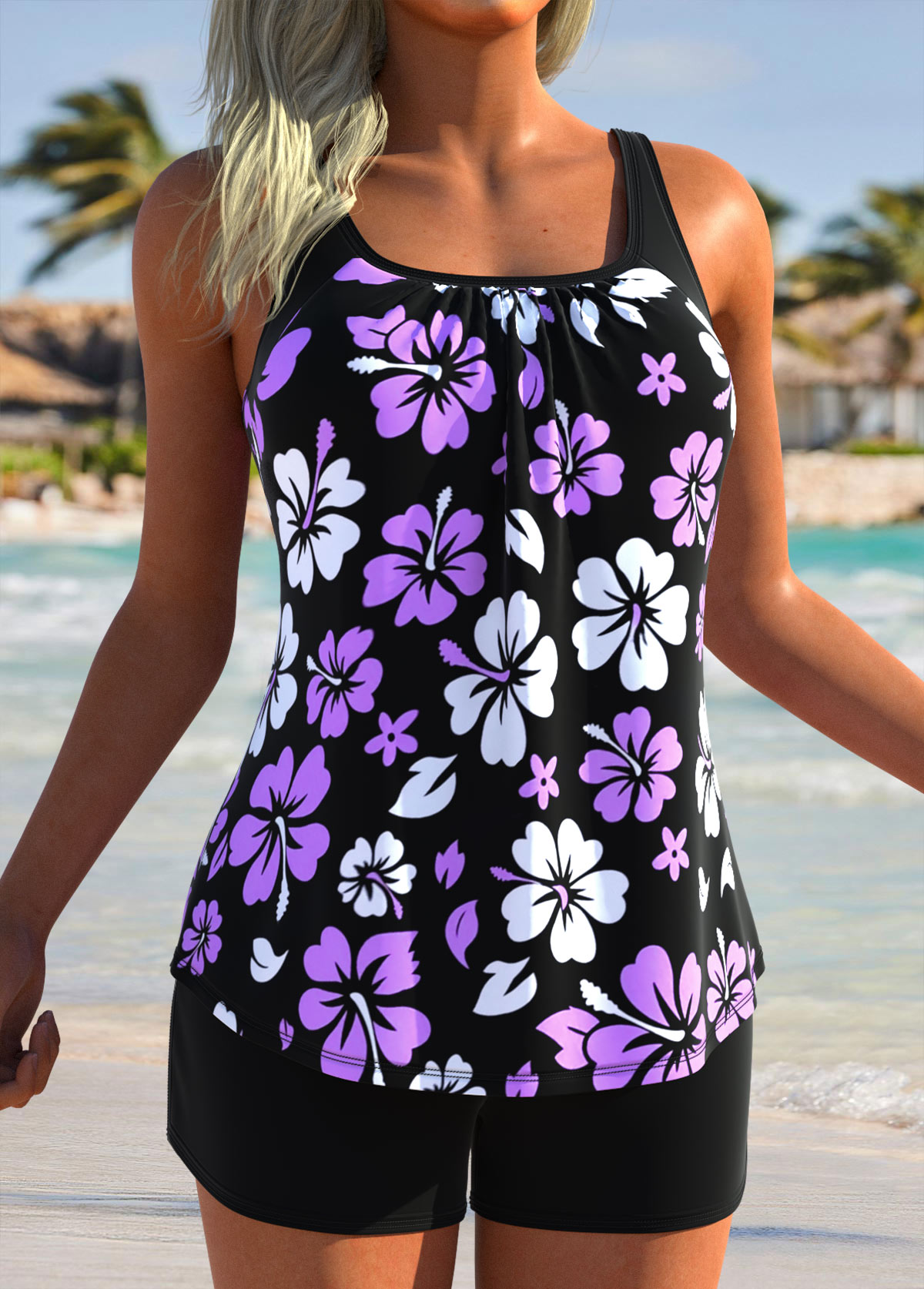 Drawstring Mid Waisted Floral Print Black Tankini Set | picture 
