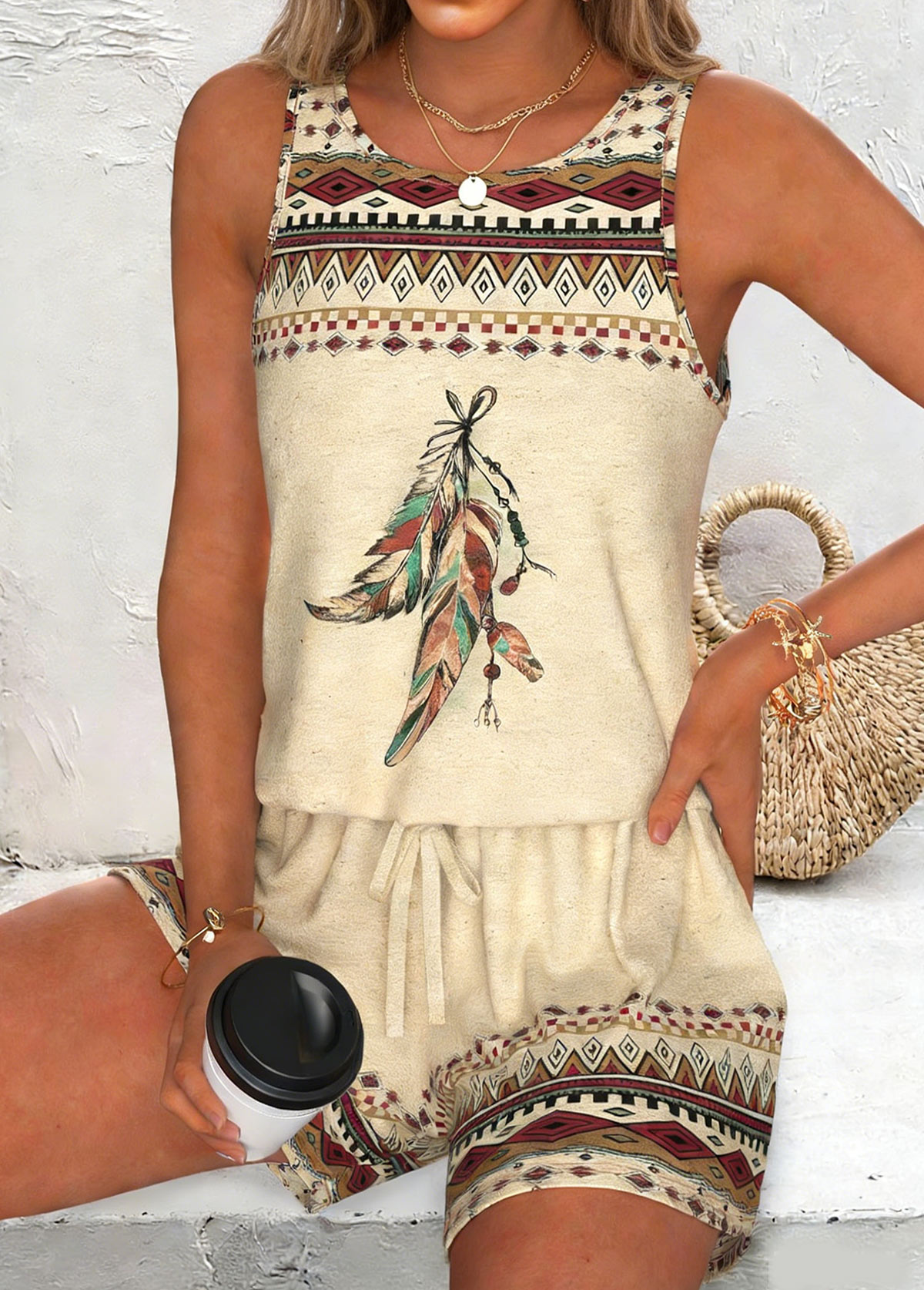Light Camel Tribal Print Sleeveless Round Neck Tank Top | picture 