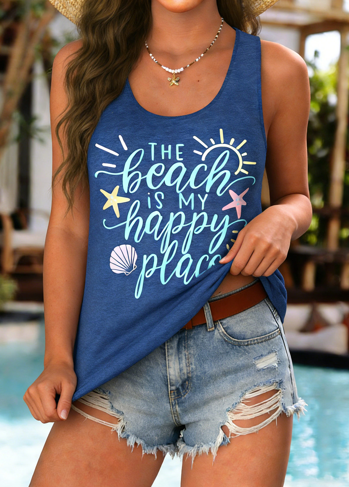 Blue Curved Hem Letter Print Sleeveless Tank Top | picture 