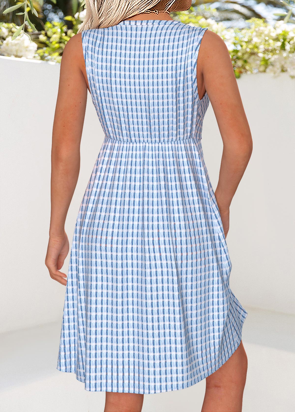 Light Blue Tummy Coverage Plaid Short Sleeveless Dress | picture 