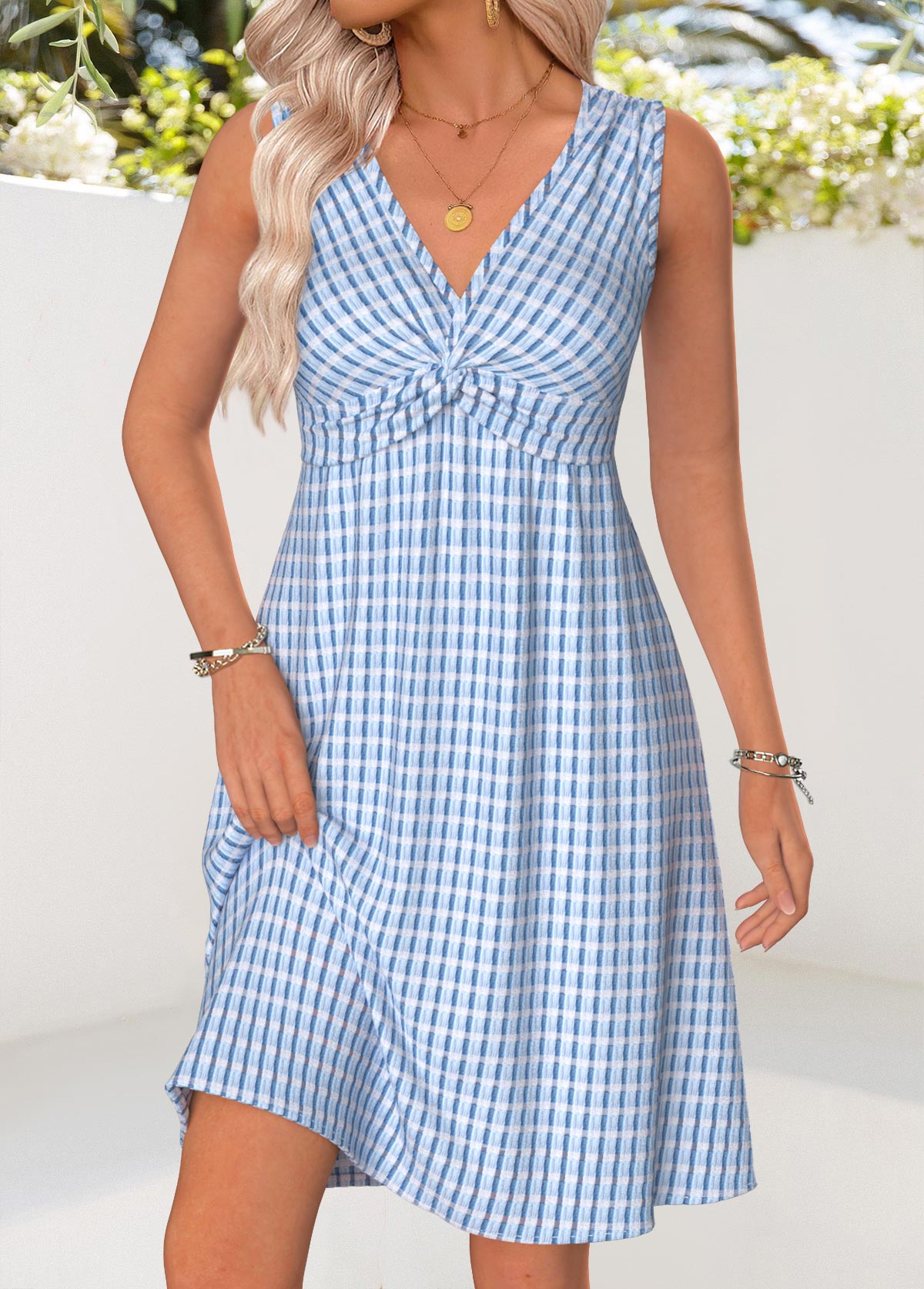 Light Blue Tummy Coverage Plaid Short Sleeveless Dress | picture 
