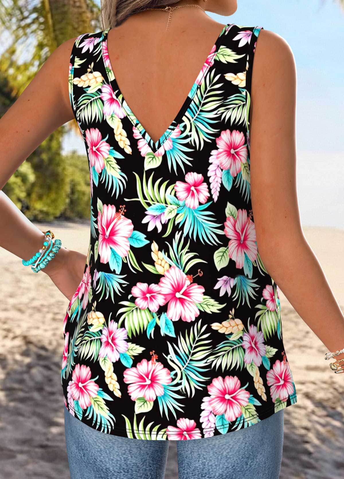 Multi Color Tummy Coverage Floral Print Strappy Tank Top | picture 