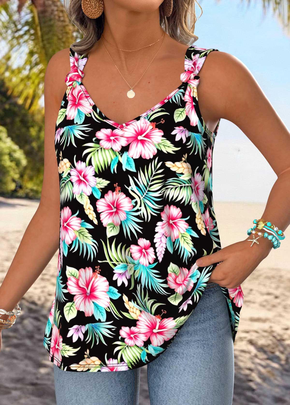 Multi Color Tummy Coverage Floral Print Strappy Tank Top | picture 