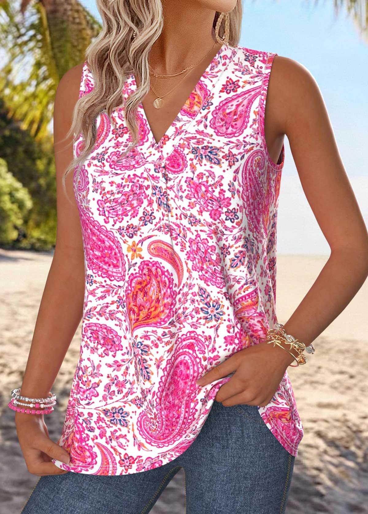 Pink Tummy Coverage Paisley Print Sleeveless Tank Top | picture 