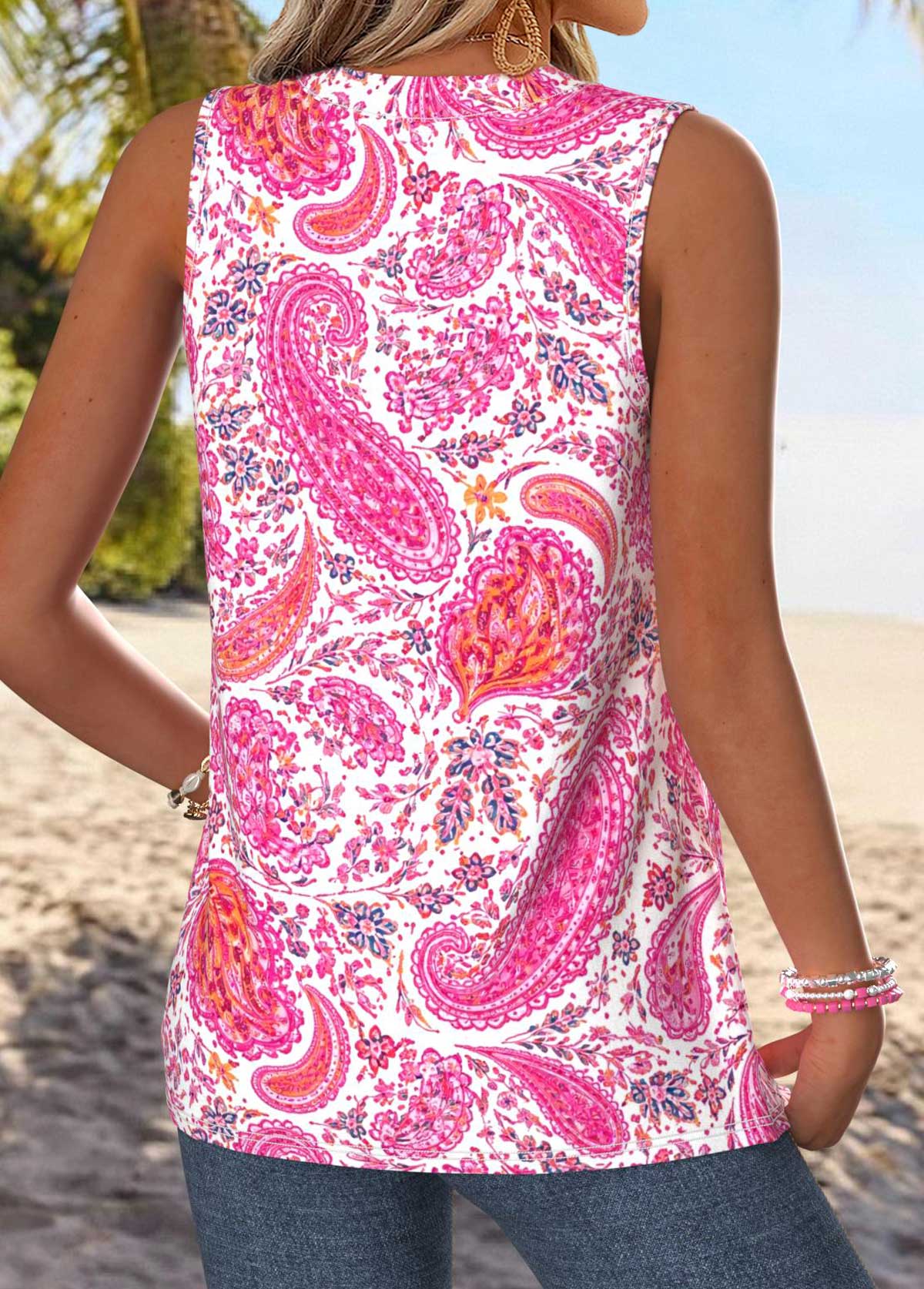 Pink Tummy Coverage Paisley Print Sleeveless Tank Top | picture 