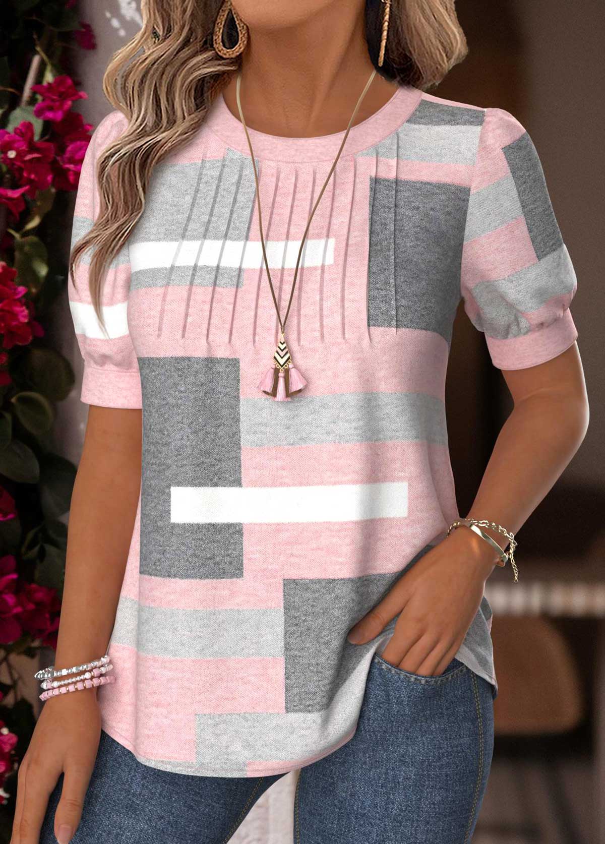 Light Pink Tummy Coverage Geometric Print T Shirt | picture 