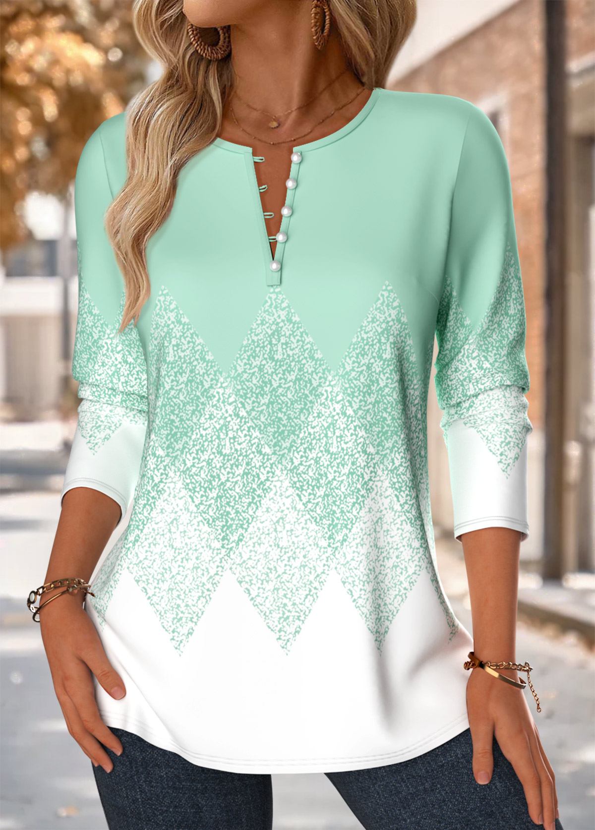 Mint Green Tuck Stitch Geometric Print Long Sleeve Blouse | picture 