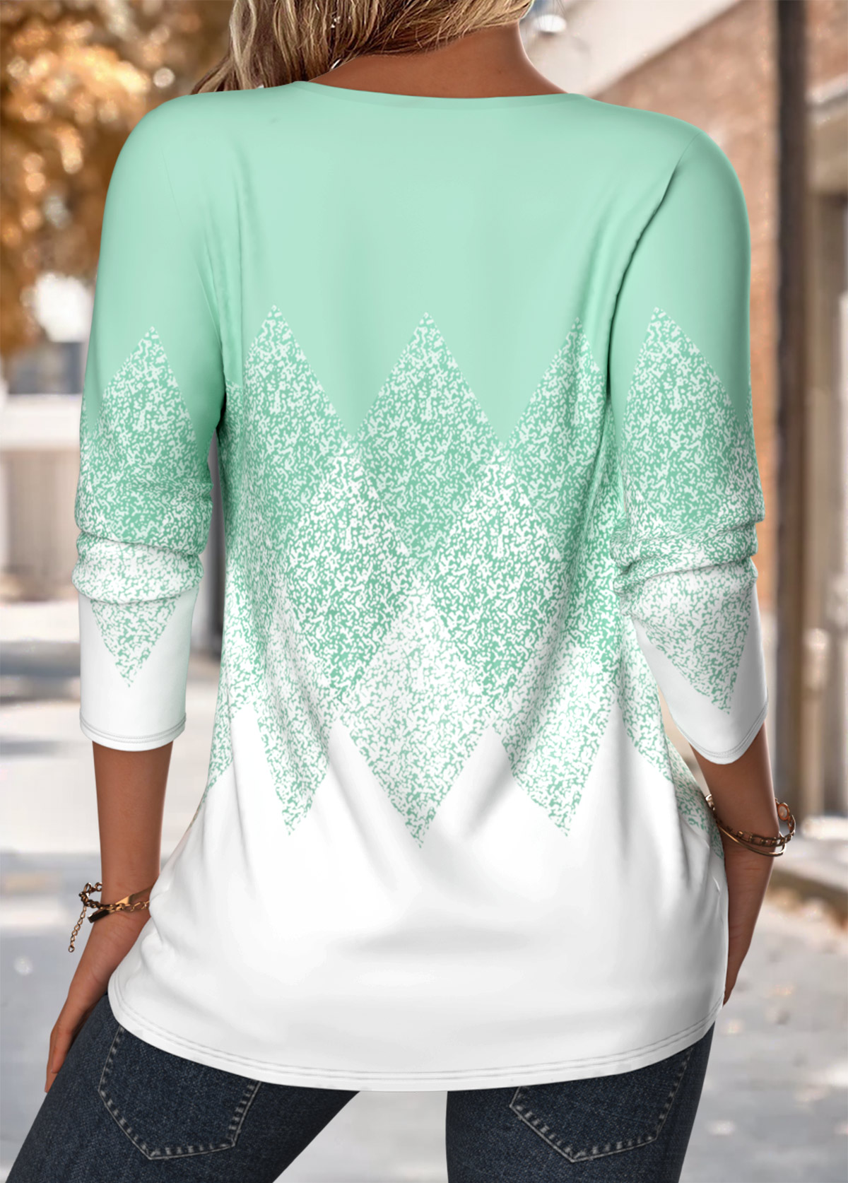 Mint Green Tuck Stitch Geometric Print Long Sleeve Blouse | picture 