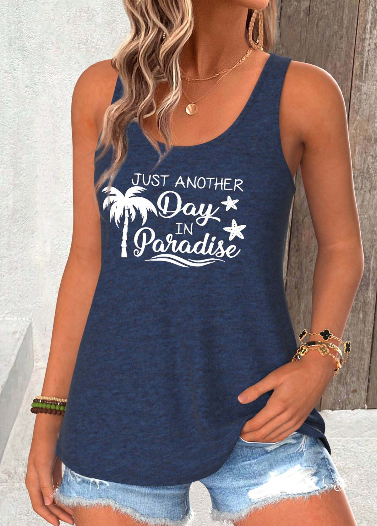 Navy Slogan Print Sleeveless Scoop Neck Tank Top | picture 