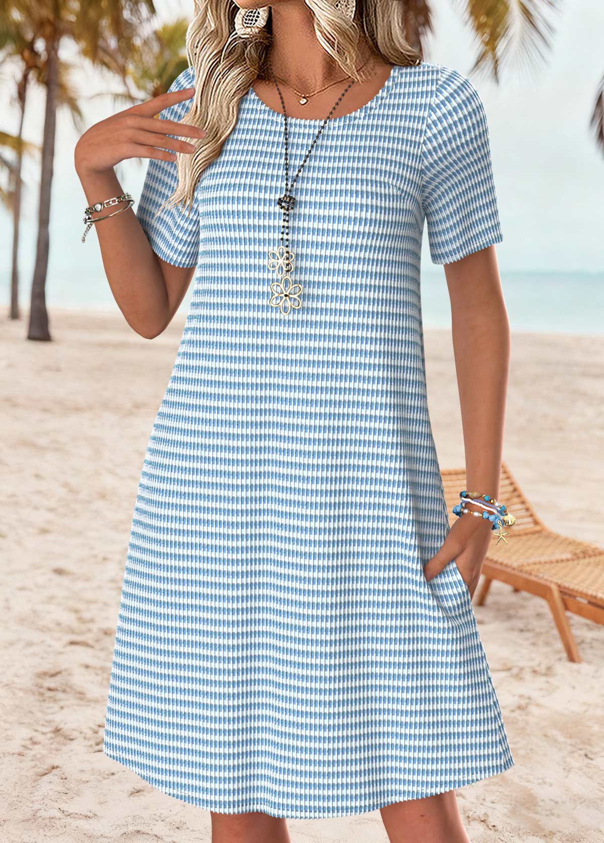 Light Blue Tummy Coverage Geometric Print Short Sleeve Dress | picture 