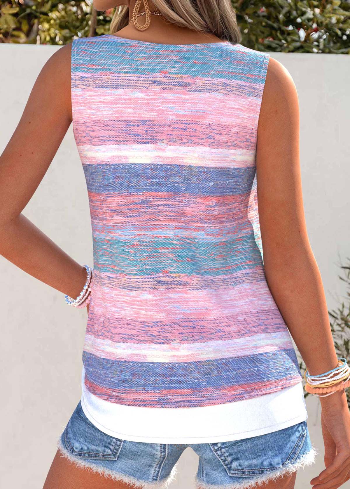 Pink Tummy Coverage Striped Sleeveless Scoop Neck Tank Top | picture 