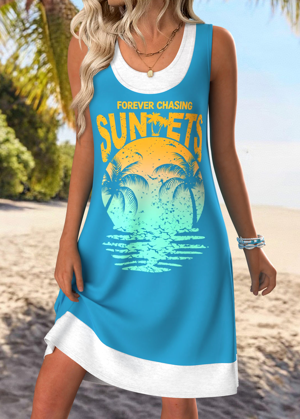 Cyan Tummy Coverage Letter Print Sleeveless Scoop Neck Dress | picture 