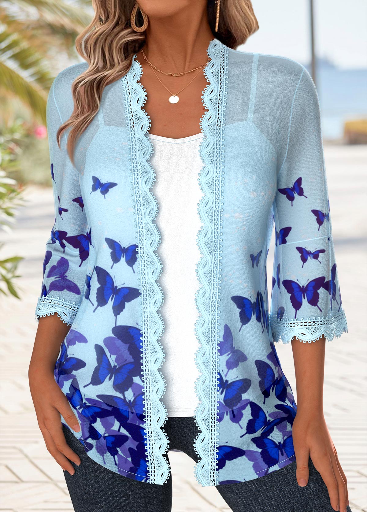 Light Blue Patchwork Butterfly Print Half Sleeve Topper | picture 