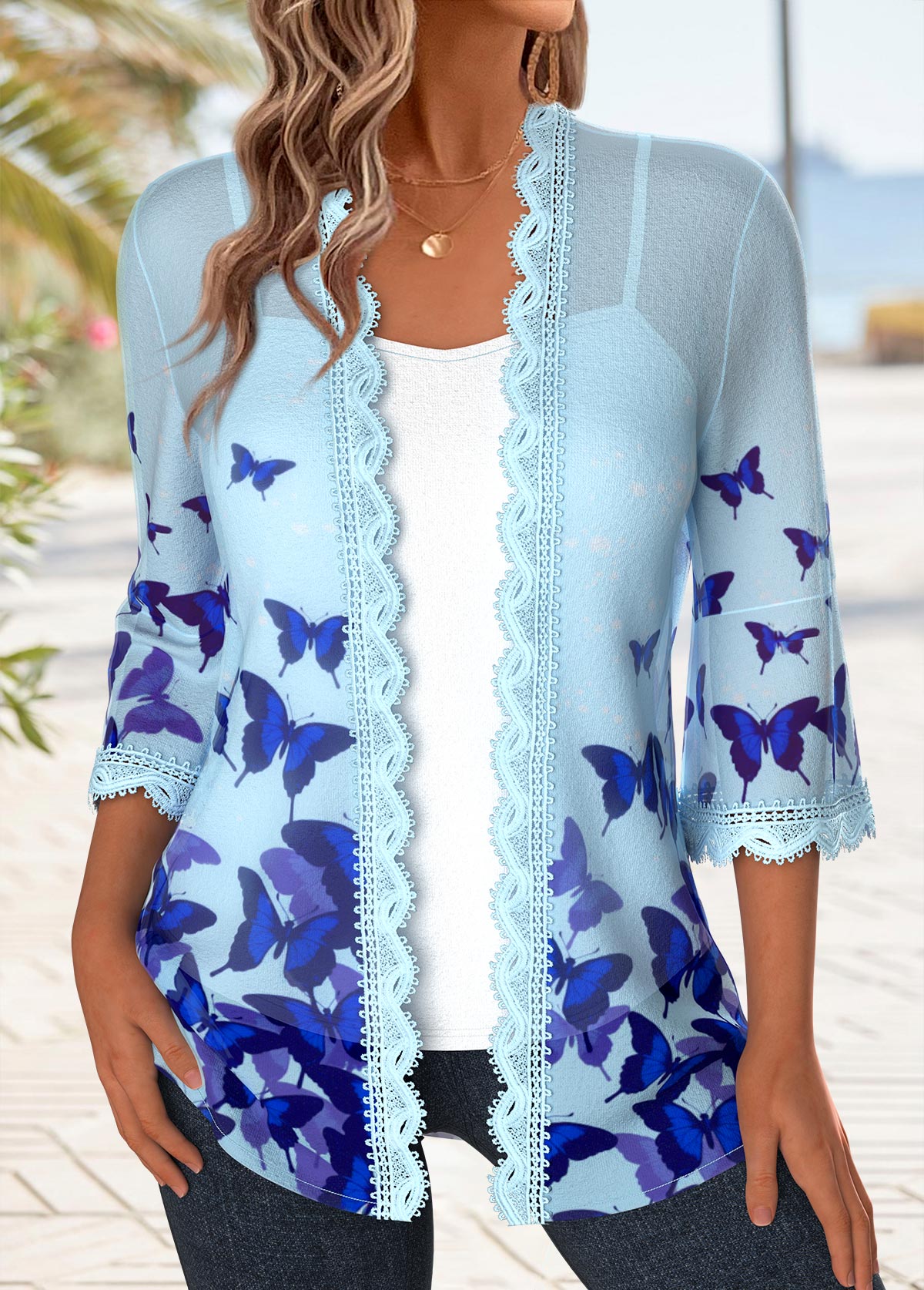 Light Blue Patchwork Butterfly Print Half Sleeve Topper | picture 