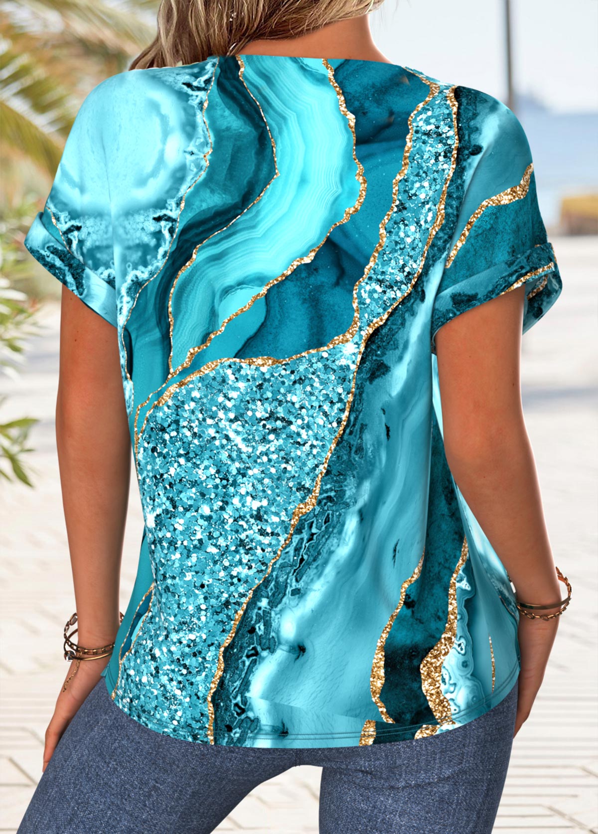 Cyan Tummy Coverage Ombre Short Sleeve V Neck Blouse | picture 