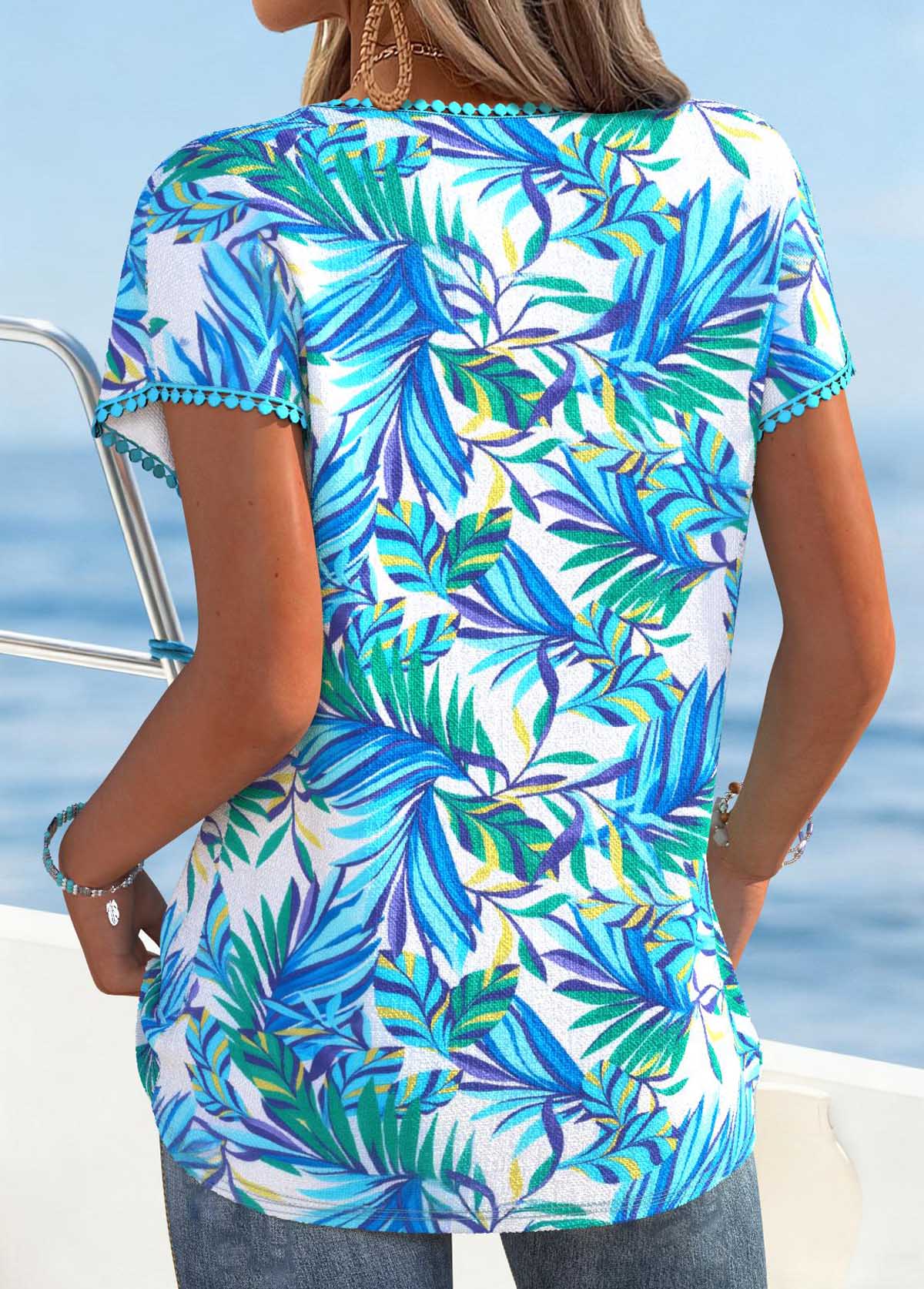 Sky Blue Tummy Coverage Leaf Print T Shirt | picture 