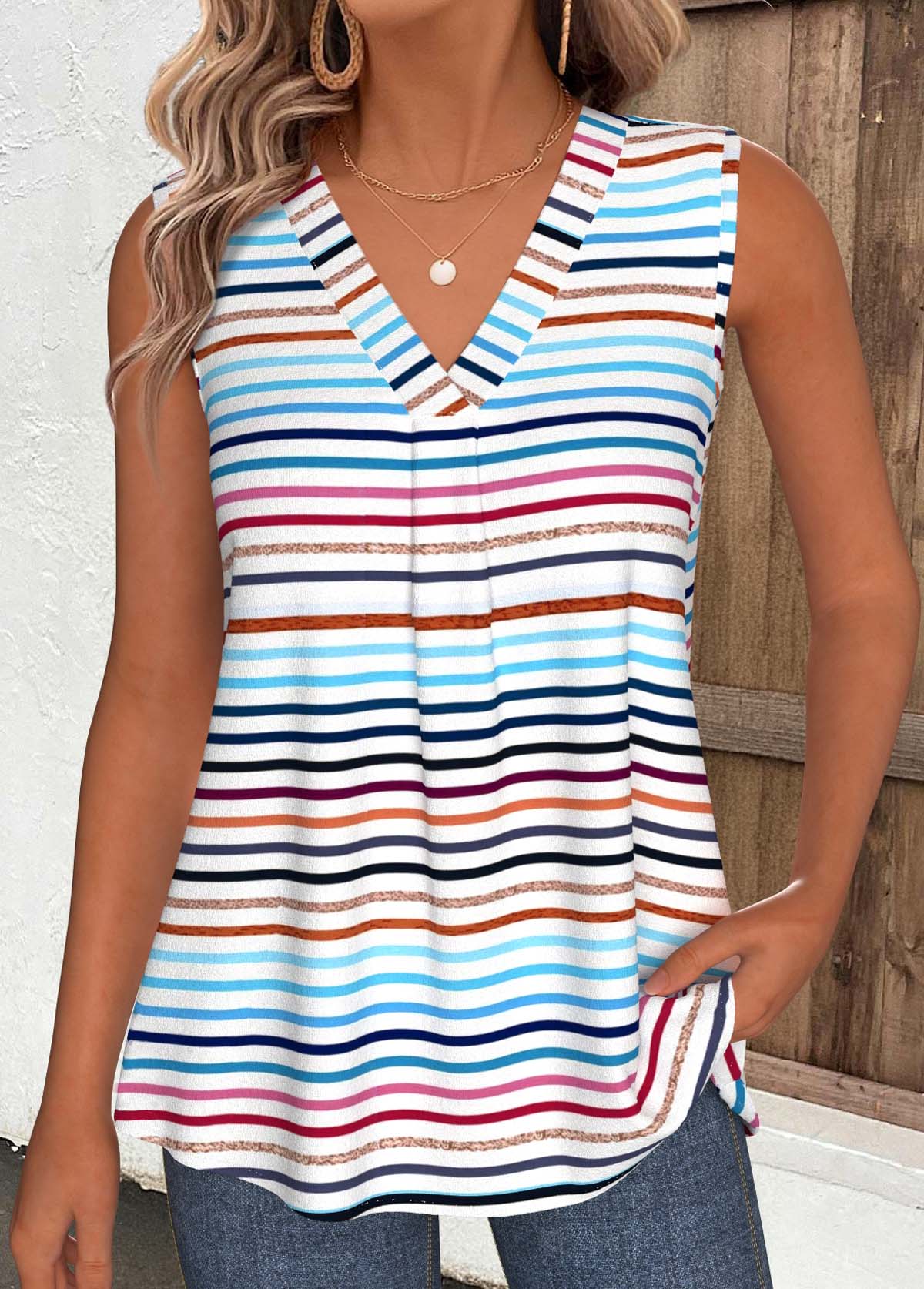 Multi Color Tummy Coverage Sleeveless V Neck Tank Top | picture 