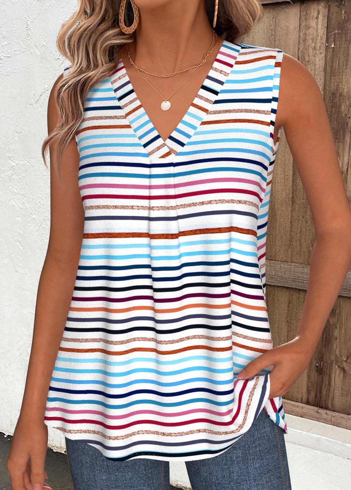 Multi Color Tummy Coverage Sleeveless V Neck Tank Top | picture 