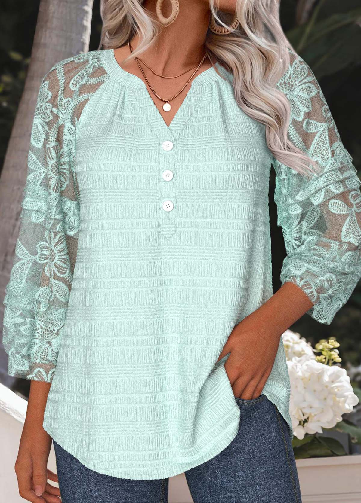 Mint Green Tummy Coverage 3/4 Sleeve Split Neck Blouse | picture 