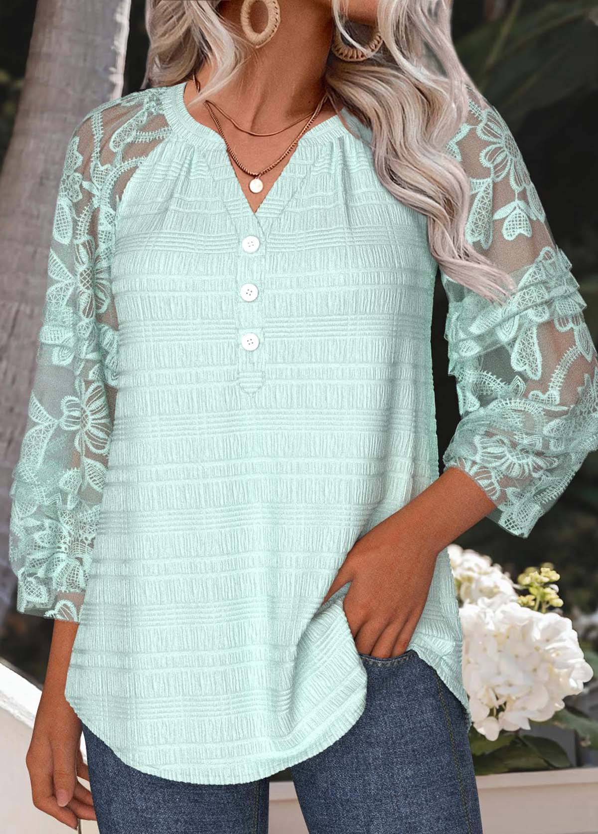 Mint Green Tummy Coverage 3/4 Sleeve Split Neck Blouse | picture 