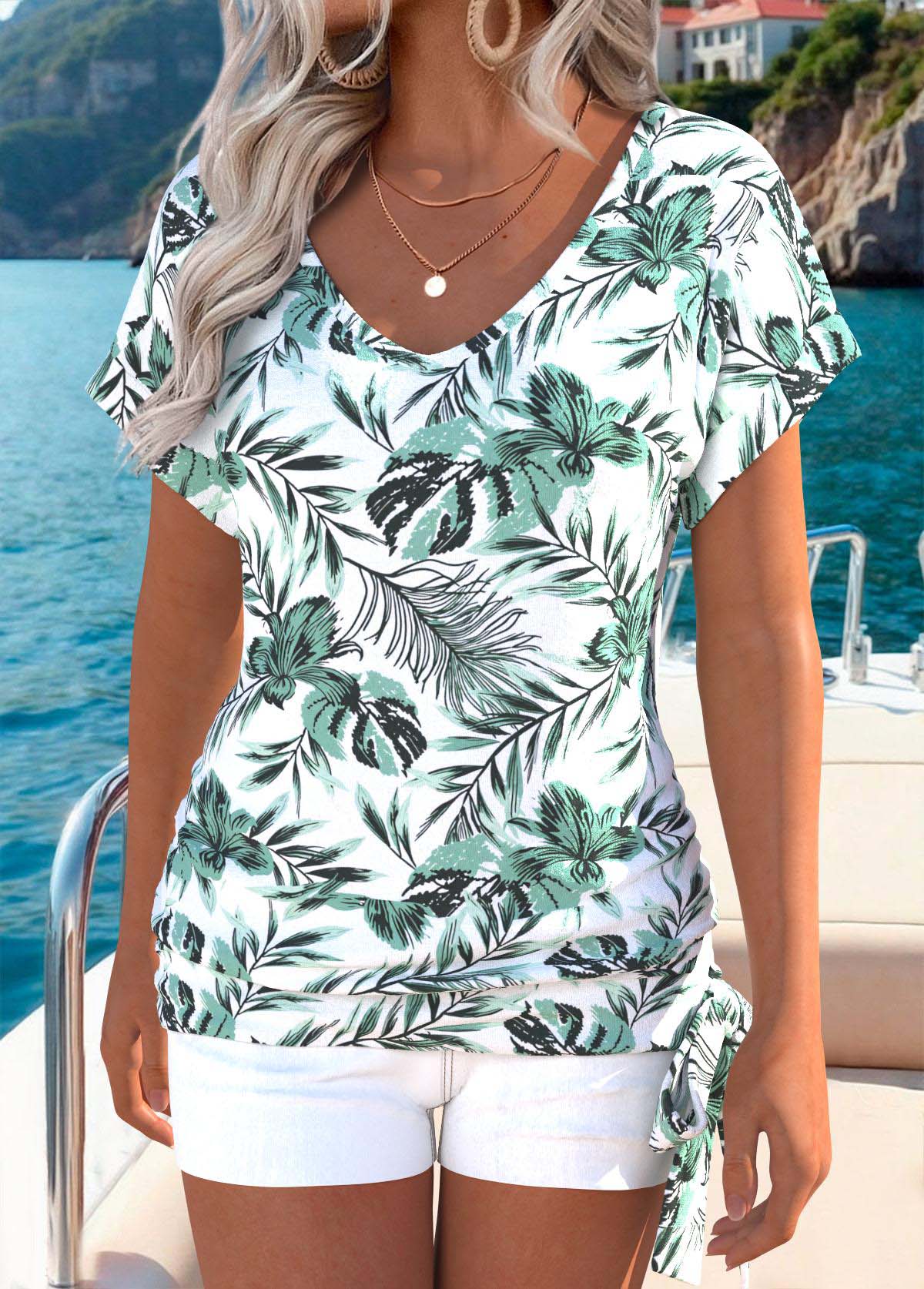 Sage Green Tummy Coverage Leaf Print T Shirt | picture 