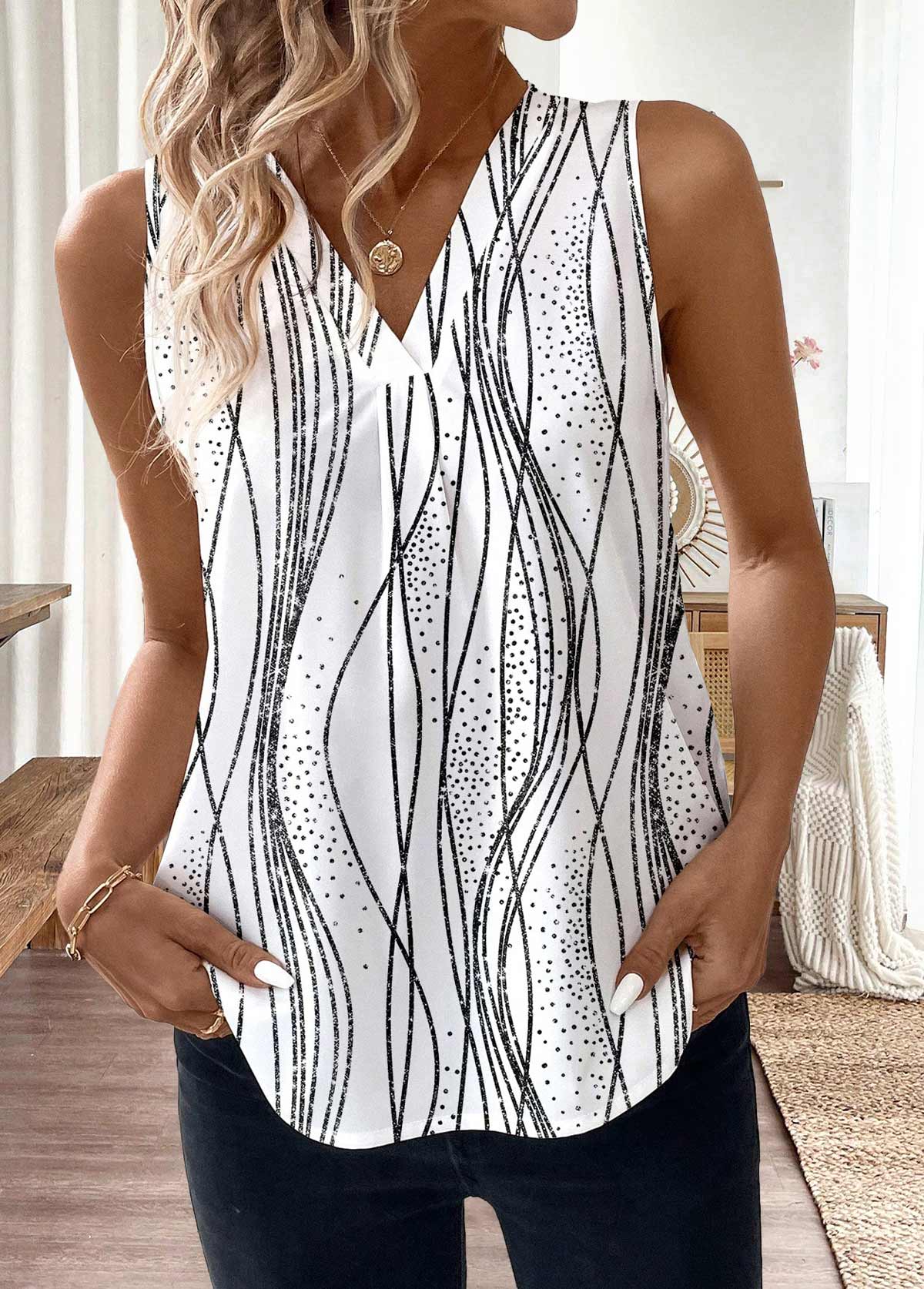 White Geometric Print Sleeveless V Neck Tank Top | picture 