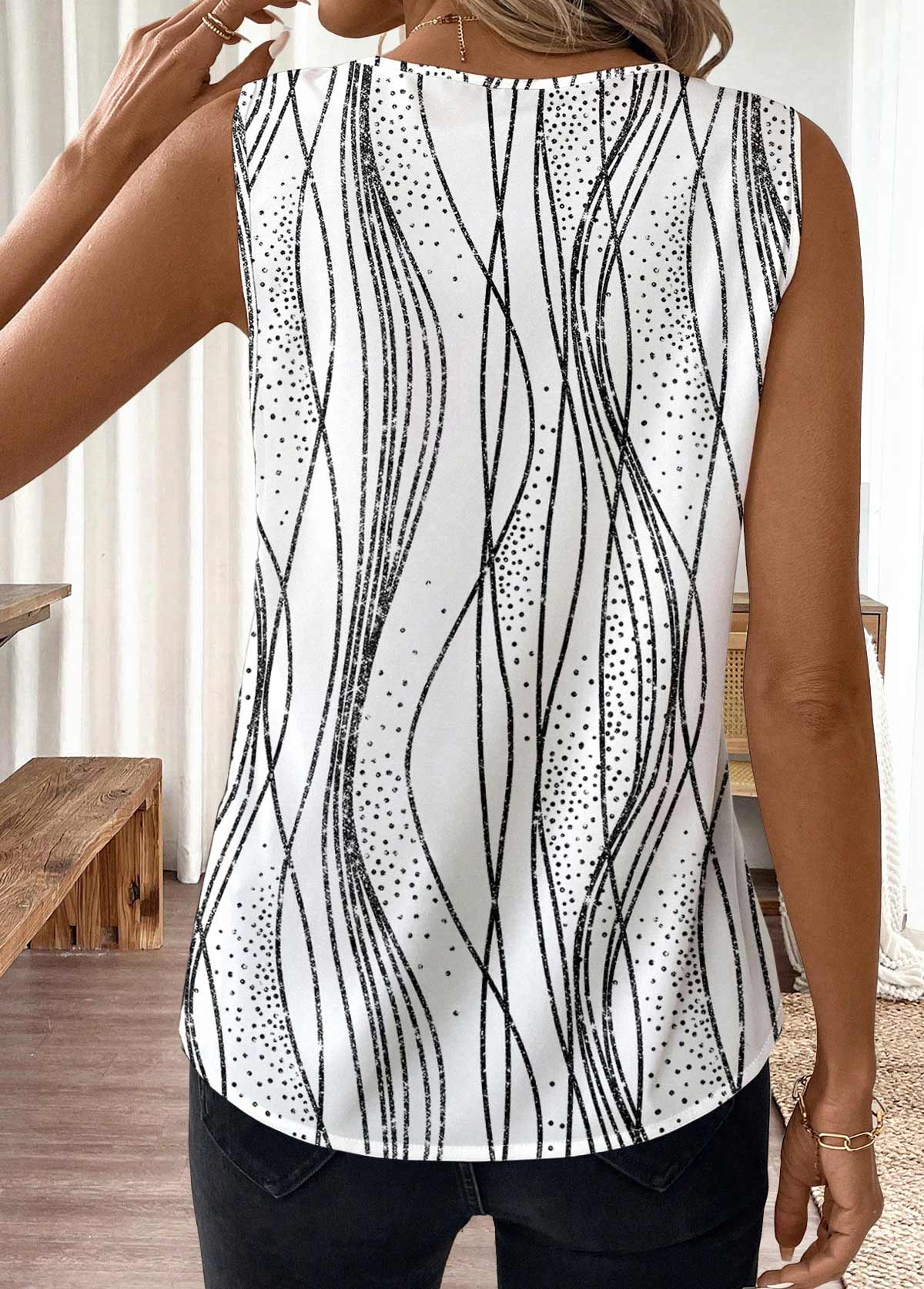White Geometric Print Sleeveless V Neck Tank Top | picture 