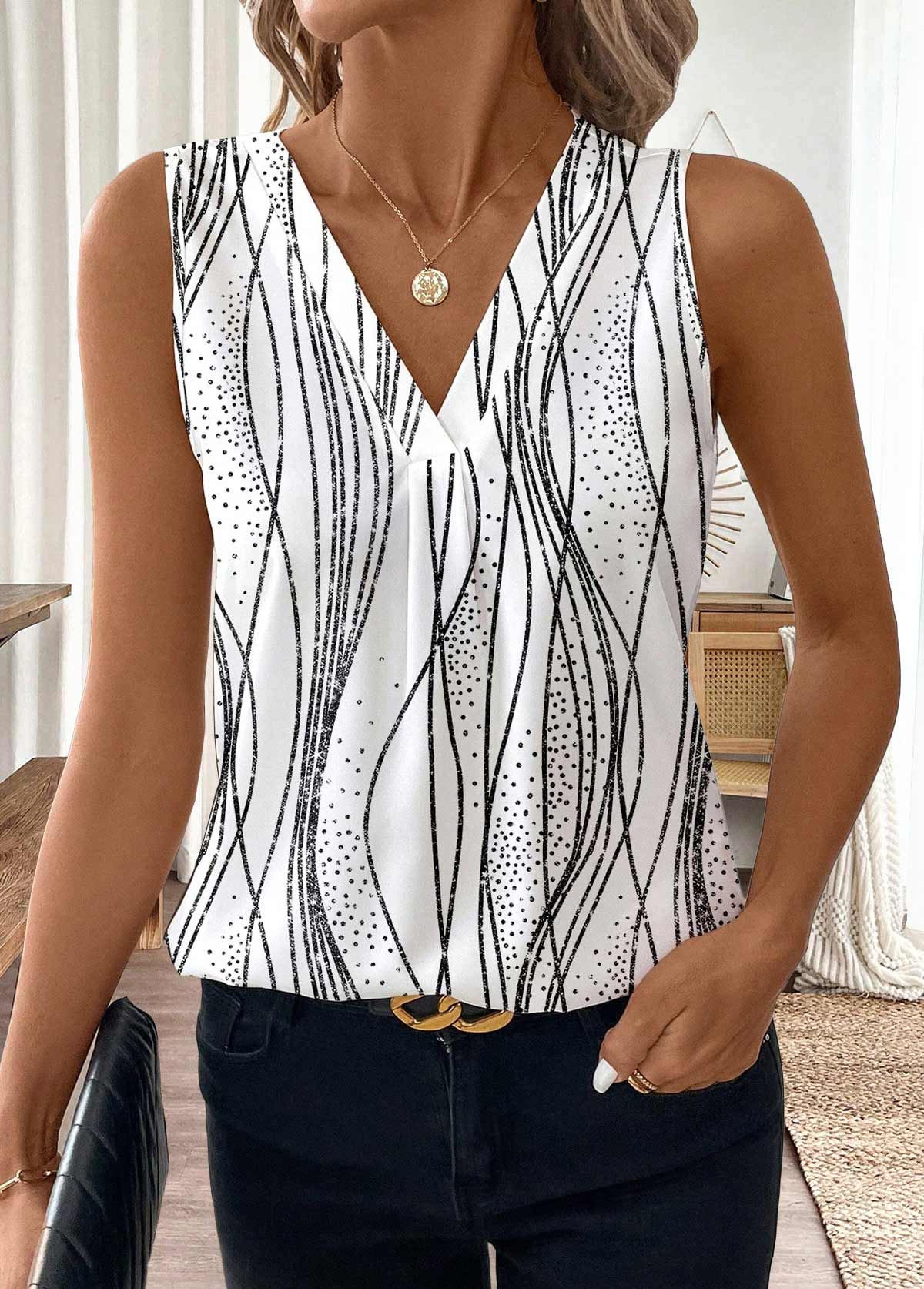 White Geometric Print Sleeveless V Neck Tank Top | picture 