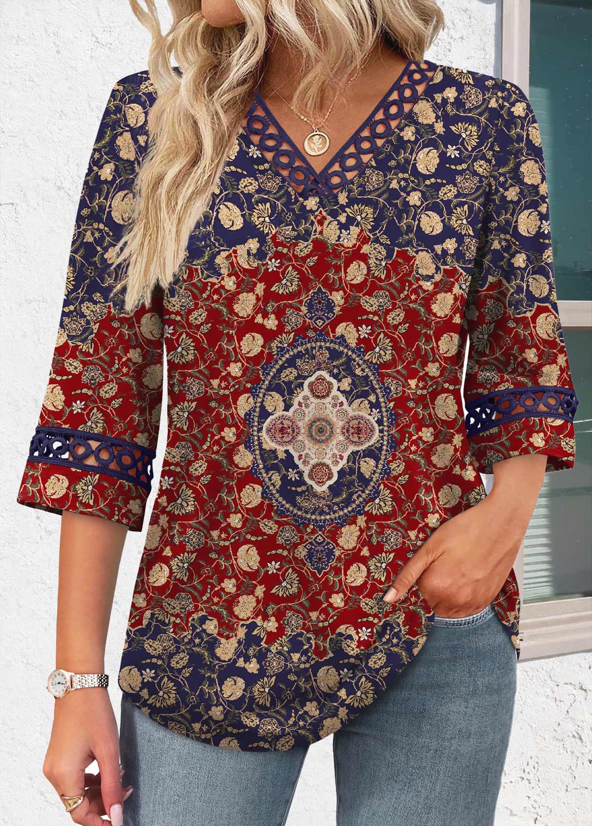 Multi Color Tummy Coverage Tribal Print 3/4 Sleeve Blouse | picture 