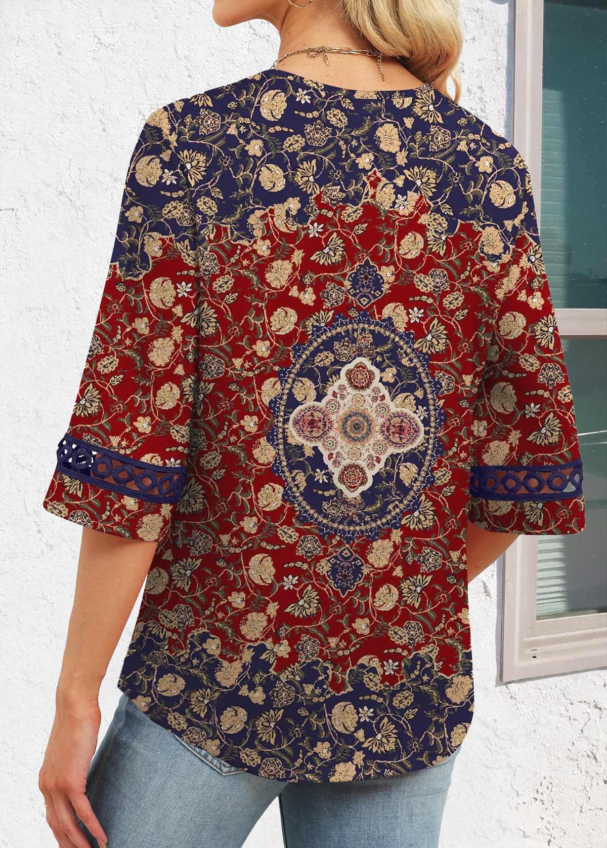 Multi Color Tummy Coverage Tribal Print 3/4 Sleeve Blouse | picture 