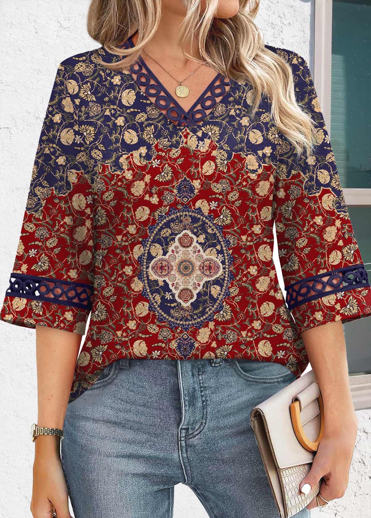 Multi Color Tummy Coverage Tribal Print 3/4 Sleeve Blouse | picture 