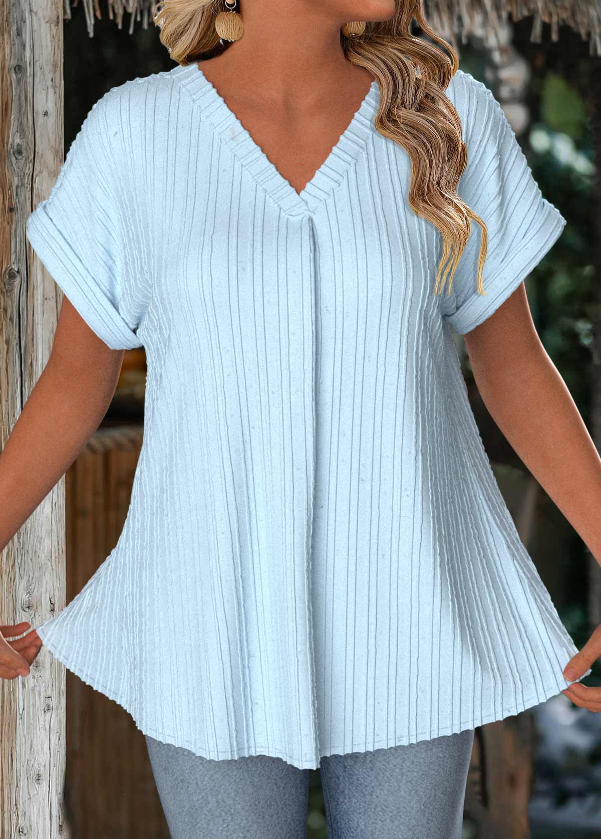 Light Blue Insert Short Sleeve V Neck Blouse | picture 