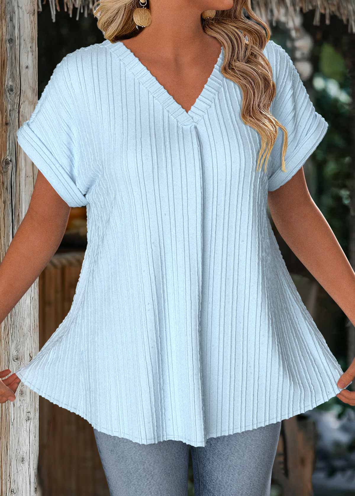 Light Blue Insert Short Sleeve V Neck Blouse | picture 