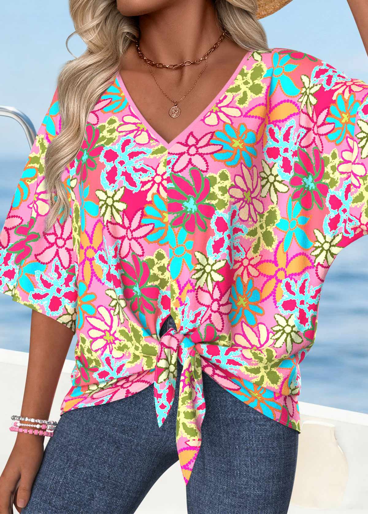 Pink Tummy Coverage Floral Print Short Sleeve T Shirt | picture 