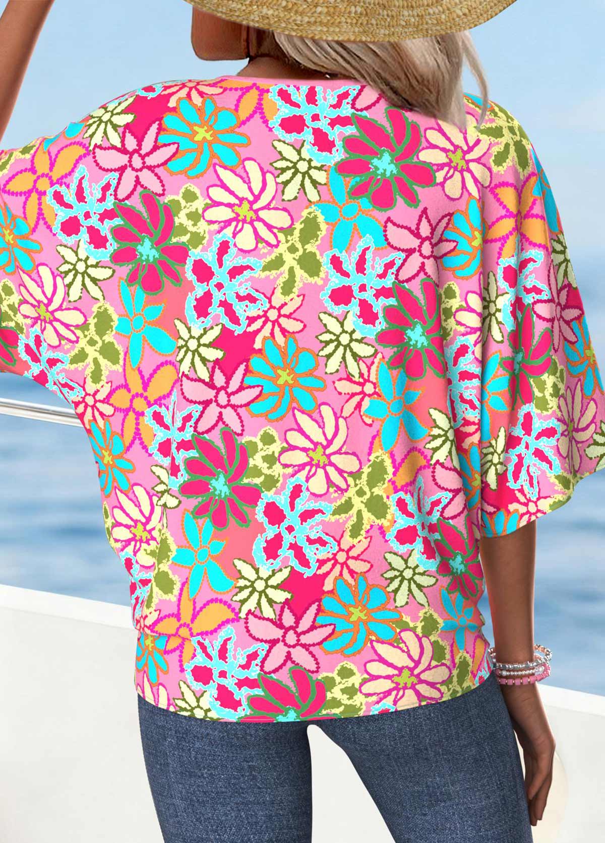 Pink Tummy Coverage Floral Print Short Sleeve T Shirt | picture 