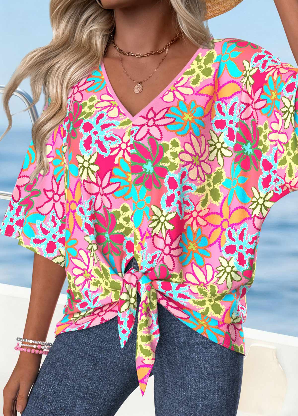 Pink Tummy Coverage Floral Print Short Sleeve T Shirt | picture 