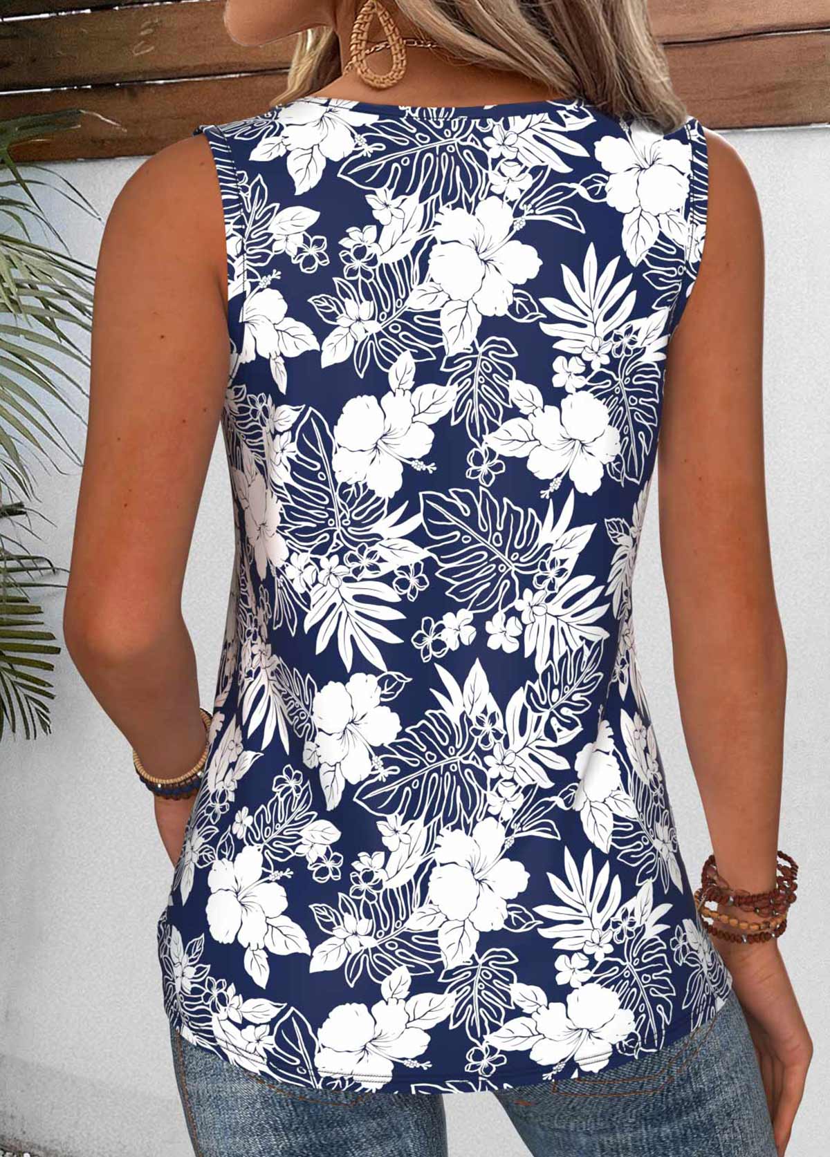 Navy Tummy Coverage Floral Print Sleeveless Tank Top | picture 
